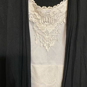 One-piece cardigan jacket with white lace and embroidered shell